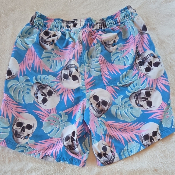 NOBO Y2K SWIM TRUNKS SKULLS & LEAVES BLUE PINK COMFY STUFF SKATE PUNK 28/30 SURF - Picture 5 of 8